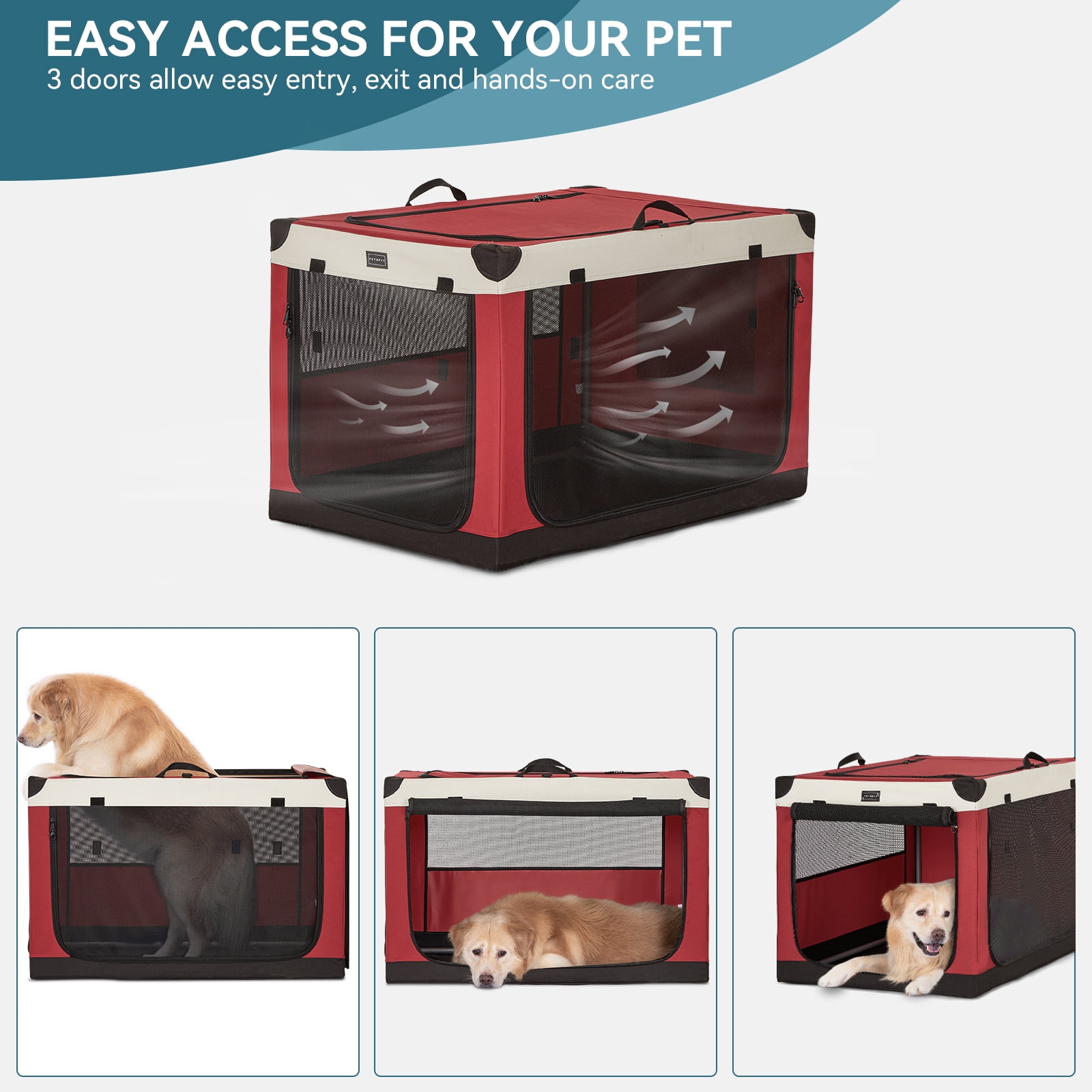 Petsfit 36 Inch Dog Crate, Adjustable Fabric Cover by Spiral Iron Pipe, Chew Proof 3 Door Design, Soft Collapsible Dog Kennel,Red