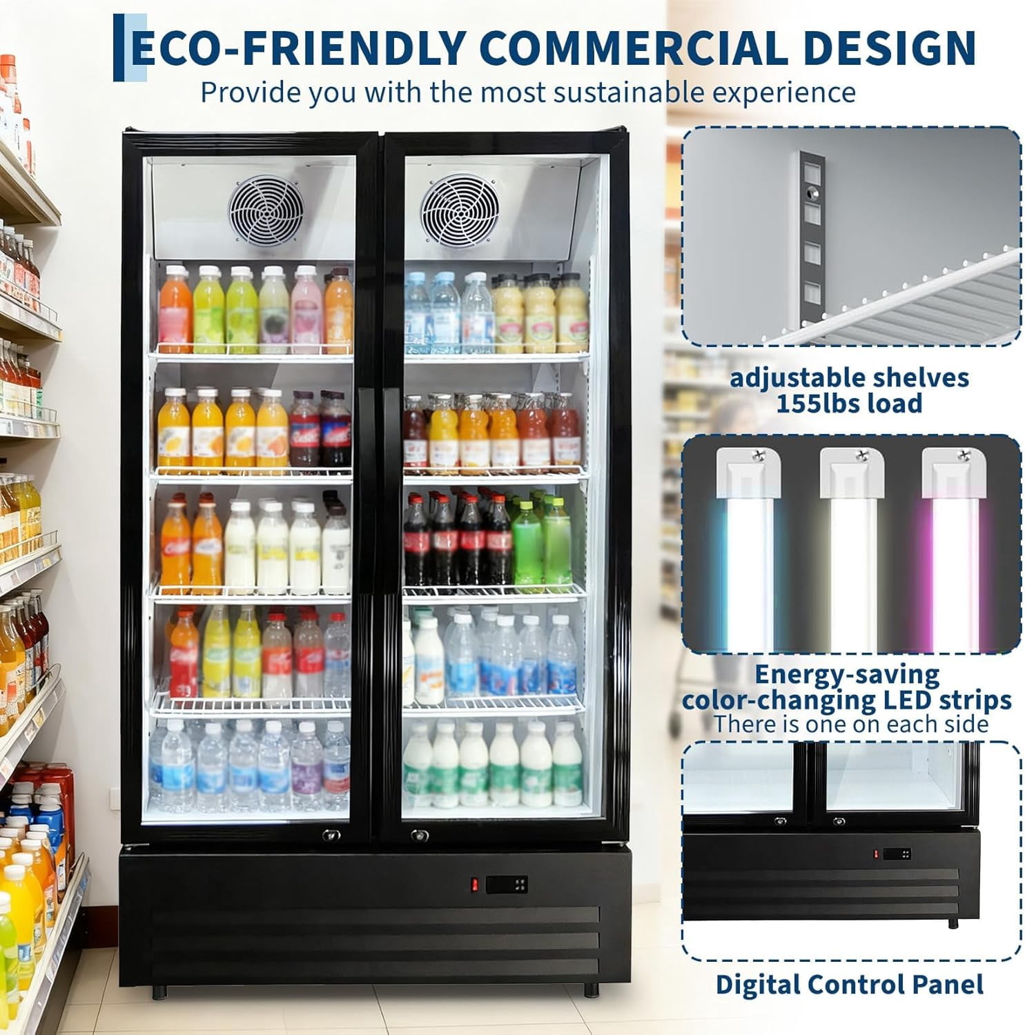 GlowSol 32.5 Cu. Ft. Commercial Beverage Fridge – Double Glass Door Display Refrigerator featuring 8 Adjustable Shelves and a Frost-Free System.