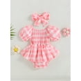 thumbnail image 2 of xiaxaixu Baby Girls Romper Dress Set Checkerboard Print Summer Ruched Short Sleeve Jumpsuits and Elastic Headband, 2 of 9