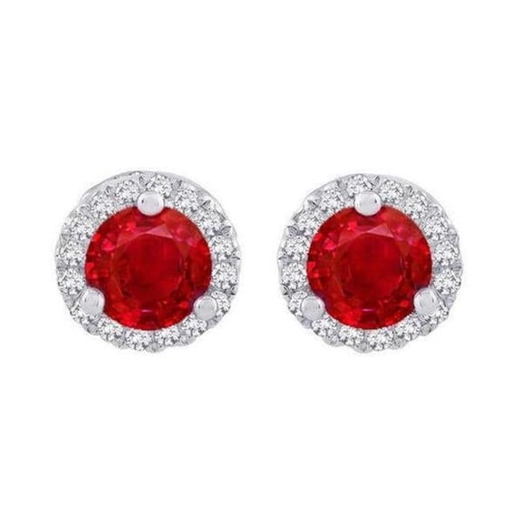 Harry Chad Enterprises 62101 6.40 CT Round Cut Red Ruby with Diamond Stud Halo Earring