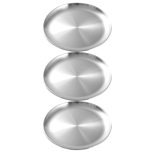 3 PCS Placas de acero inoxidable Plato de barbacoa redondas Placas de porción de alimentos multifuncionales