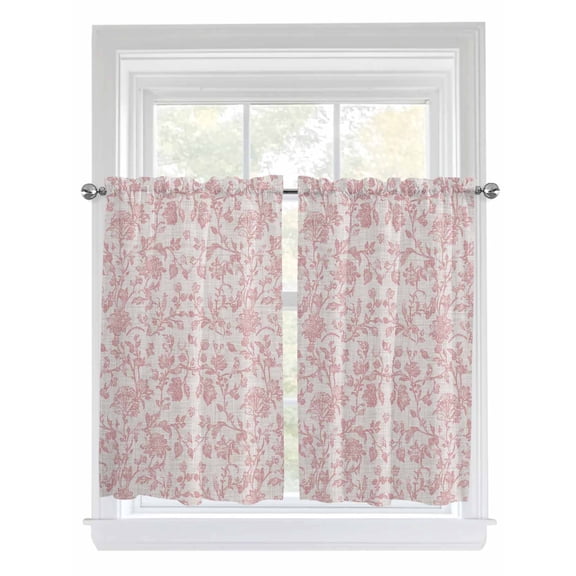 Kitchen Curtains 45 Inches length, Farmhouse Pink Window Treatment Curtain Drapes, Vintage Flower Leaf Botanical Plant Lightweight Window Panels for Living Room Bedroom, 52"x45", 2 Panels