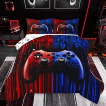 Feelyou Futuristic Gamepad Boys Bedding Comforter Set, Fashion Red Blue Honeycomb Twin Comforter Sets, Modern Video Game Reversible Bedding Set, Ultra Soft Bedroom Decor, 2 Pieces