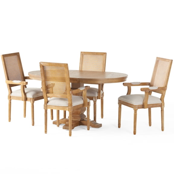 GDF Studio Zentner French Country Fabric Upholstered Wood and Cane 5 Piece Expandable Dining Set, Natural and Beige
