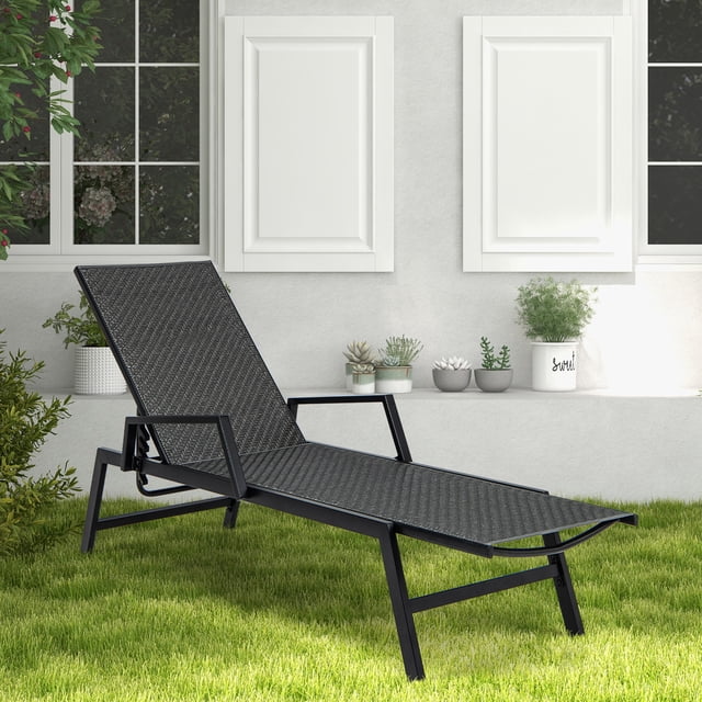 Gymax Chaise Longue d'Extérieur en Osier pour Patio avec Cadre en Métal et Dossier Réglable
