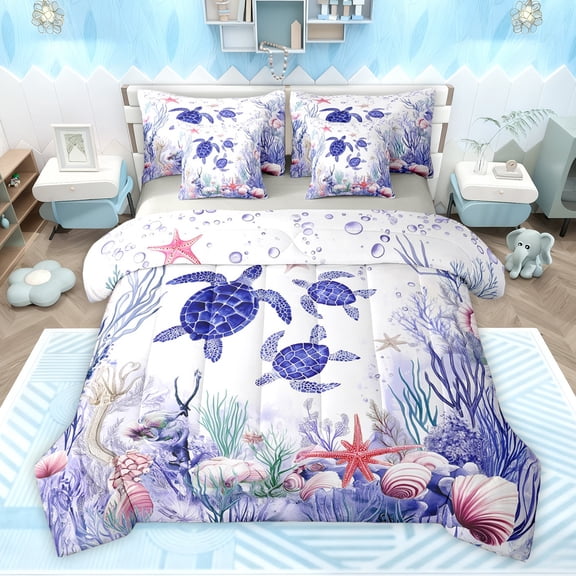 Feelyou Cartoon Sea Turtle Bedding Comforter Set 7 Pieces, Kawaii Ocean Animal Full Bedding Set, Seashell Starfish Coral Reversible Fitted Sheet Flat Sheet, Breathable Home Decor