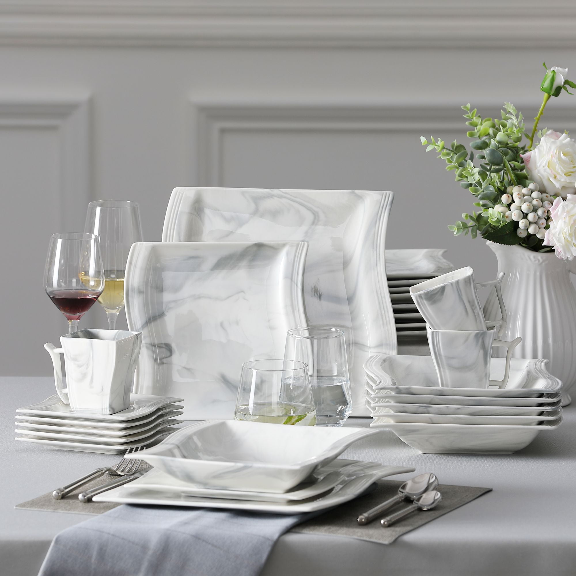 MALACASA, Series Flora, 42-Piece Porcelain Dinnerware Set, Marble Grey Dinner  Set, Service for 6 