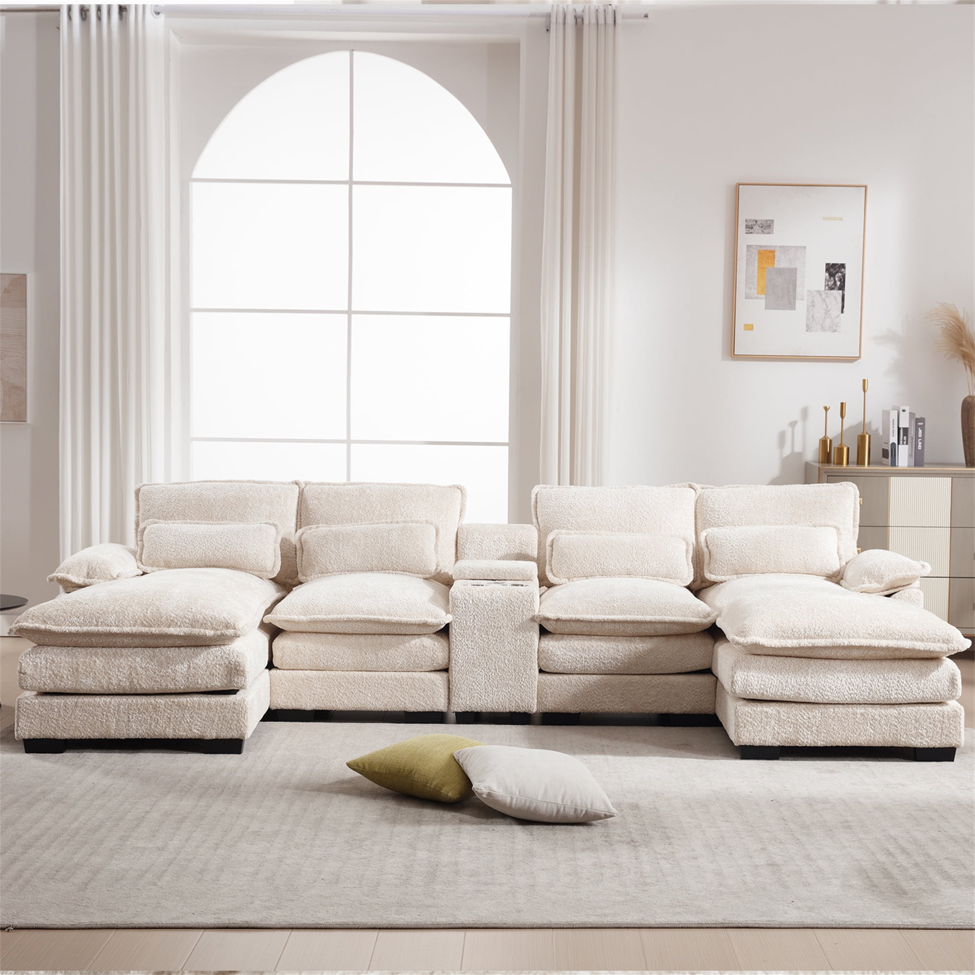 Aukfa 123" Oversized Sectional Sofa U-shaped Couch w/ Cupholder Console & USB Port for Living Room, Chenille, Beige