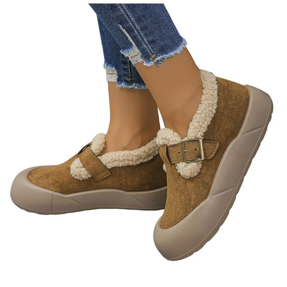 Pandaie Winter Boots for Women Suede Memory Foam Warm Slip on Snow Ankle Booties Fleece Buckle Platform Casual Walking Shoes Khaki 9