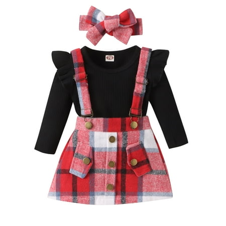 

Qtinghua Toddler Baby Girls Fall Outfits Long Sleeve Romper+Plaids Suspender Skirt+Headband Clothes Black 18-24 Months