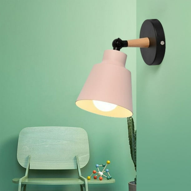 Aplique de pared moderno | Lámpara de lectura de noche de hierro y madera | Casquillo E27 | Para dormitorio, pasillo y estudio | Colores verde, rosa y amarillo