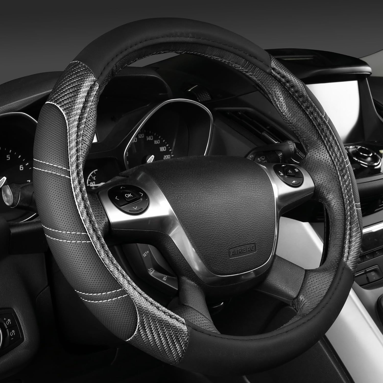 CAR GRAND Leather Steering Wheel Cover and Waterproof Car Floor Mats,Microfiber Universal Car Combo Fit Sedan,SUV,Cars,14.5-15inch Sporty Anti-Slip Safety Comfortable Design(Carbon Fiber Black)
