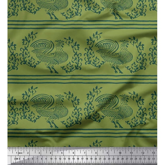 Soimoi Moss Georgette Fabric Stripe,Leaves & Hen Block Fabric Prints by Yard 42 Inch Wide
