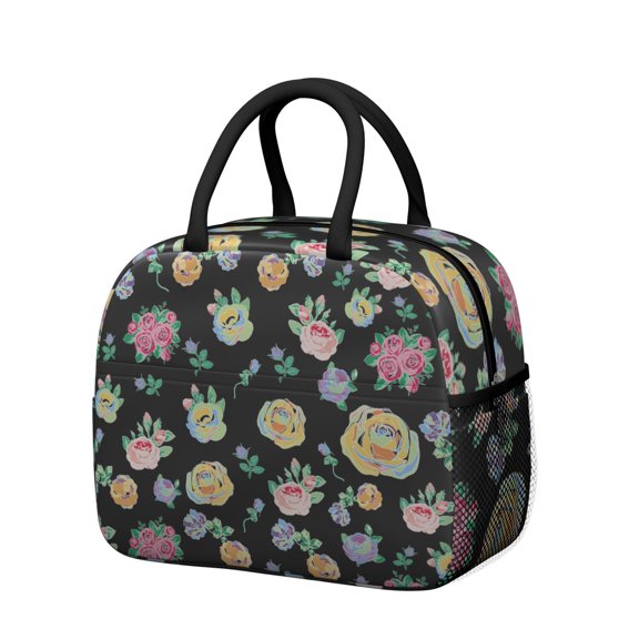 Lunch Bag Lunch Box for Women Reusable Insulated Lunch Cooler Bags,Large Capacity for Work Travel Picnic,Water-Resistant Pioneer Colorful Floral Lunch Tote Bag Gifts for Woman Mom Black