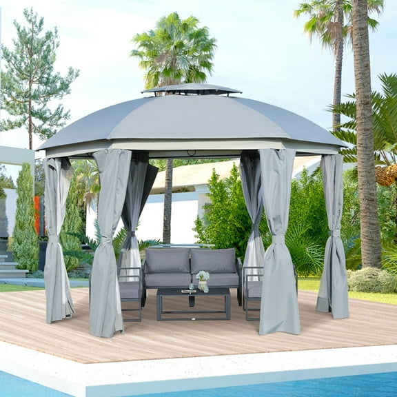 Spaco 144x144 Inch Round Outdoor Gazebo, Patio Dome Gazebo Canopy Shelter with Double Roof, Netting Sidewalls and Curtains, Zippered Doors Grey AS, Easy Up Screened Canopy