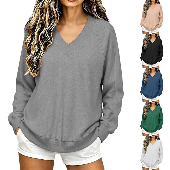 Frostluinai Women's V Neck Sweatshirts Raglan Long Sleeve Basic Solid Color Pullover Tops Casual Loose Lightweight Fall Sweat Shirts S-2XL