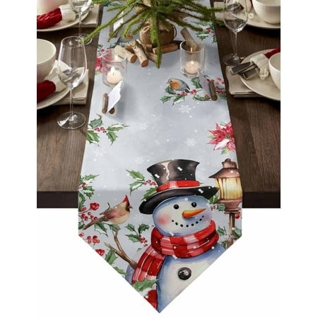 

Table Runner Dresser Scarves Christmas Snowman Holly Poinsettia Cotton Linen Burlap Table Cover Winter Snowflake Bird Table Runners for Family Kitchen Dining Holiday Party Banquet Decor