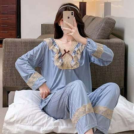 

DanceeMangoo Womens Pajama Set Autumn Winter Lace Sleepwear Shirt Women Pijamas Set Long Sleeve Sweet Leisure Lady Trousers Outwear Clothes