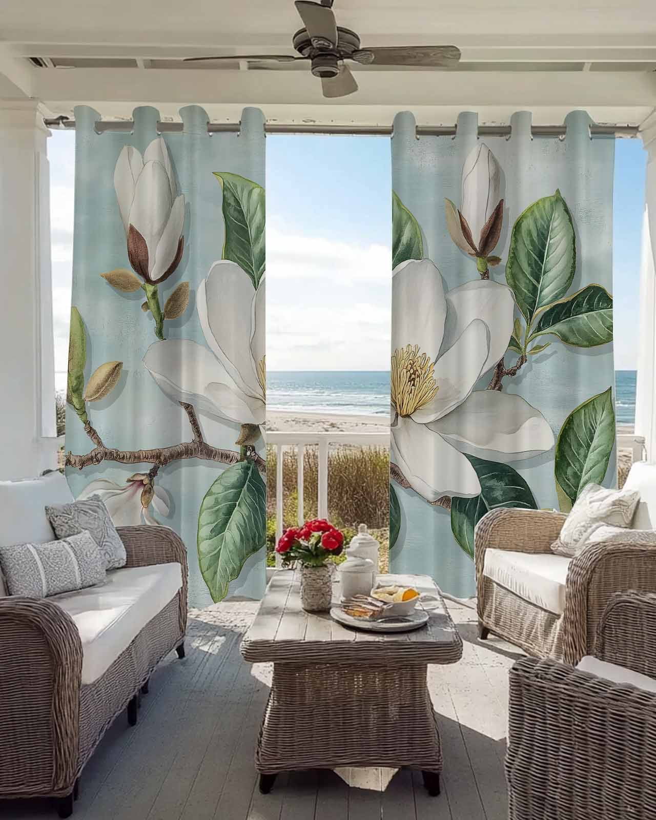 Magnolia Flowers Blackout Curtains 84 Inches Long, Retro White Floral 2 Panels, Thermal Insulated Room Darkening Drapes with Grommets, 52W x 84L Each Panel