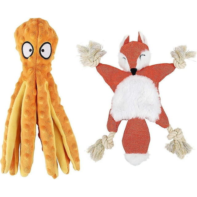 UBIUO 2-Pack Plush Octopus Fox No Stuffing Toys for Small to Medium Dogs, Pet Chew Toys Crepe Paper Neps Clean Teeth Interaction, Red, 13.8x3.8X.38 Wh