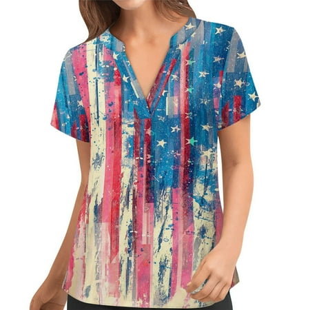 

Cakiesky Workwear Shirts Women Moisture-Wicking V-Neck Printed Nursing Uniforms Pink L