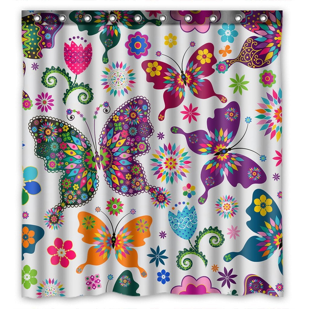 Polyester Fabric Beautiful Colorful Butterfly Shower Curtain Liner Bathroom Mat 