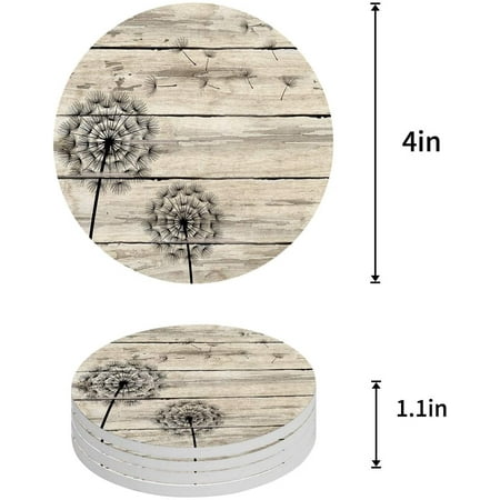 

KXMDXA Dandelion on Vintage Wooden Board Set of 4 Round Coaster for Drinks Absorbent Ceramic Stone Coasters Cup Mat with Cork Base for Home Kitchen Room Coffee Table Bar Decor