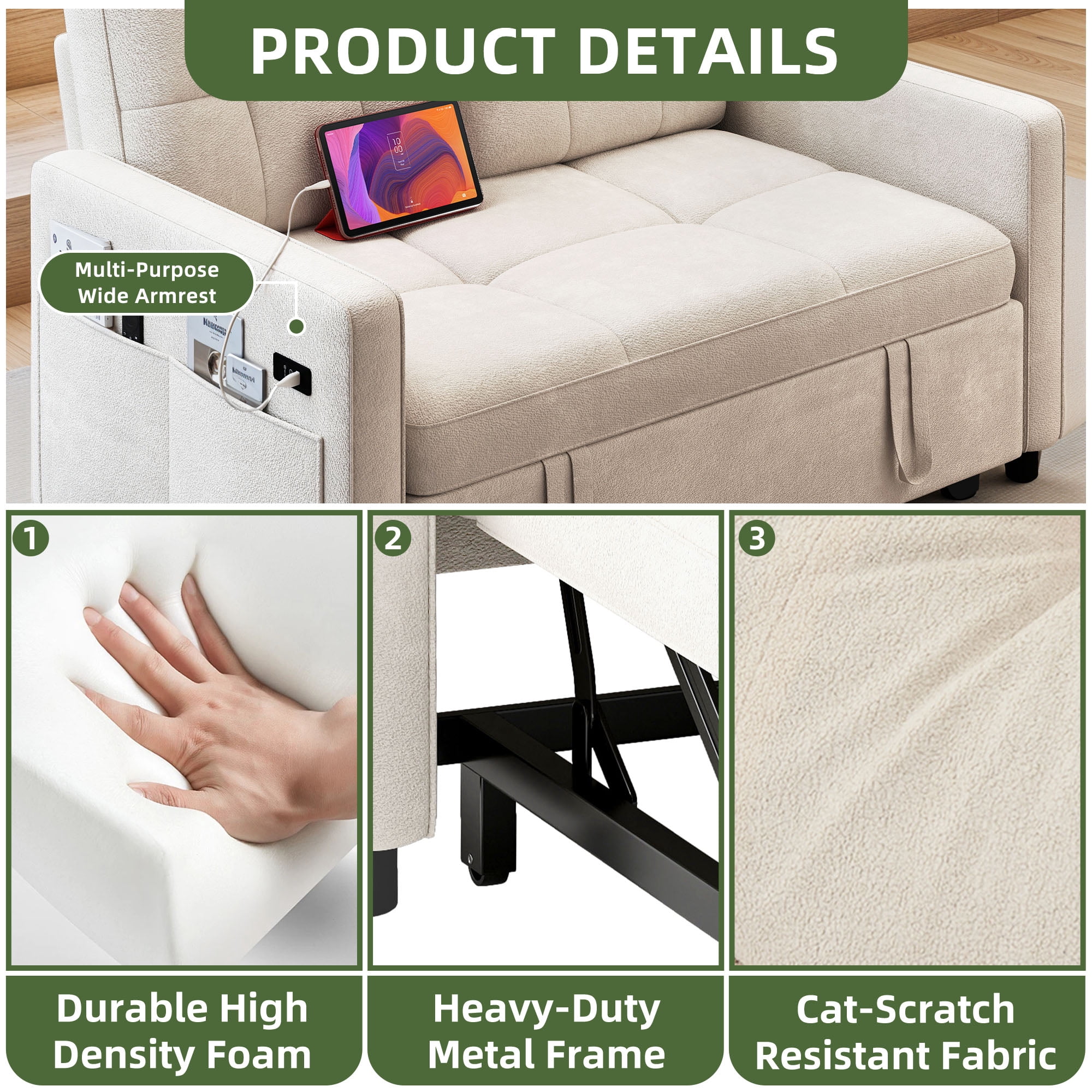 Uforic 3-in-1 Convertible Futon Sofa Bed, Modern Couch Cat-Scratch-Proof Loveseat Sleeper for Small Place, Beige