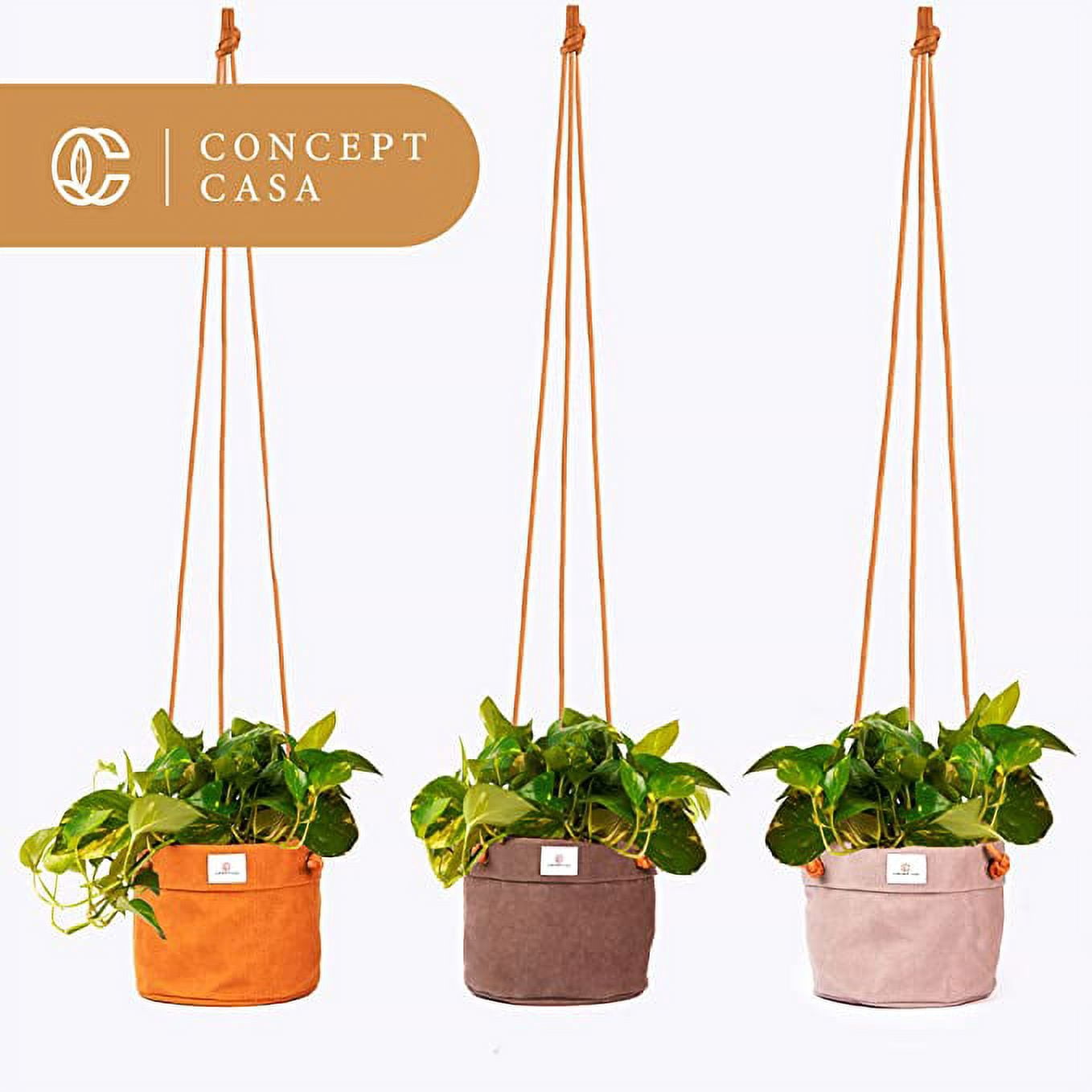 Concept Casa Small 5" Solid Print Hanging Planter with Handmade Waxed Canvas (Charcoal Gray)