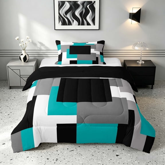 Manfei Buffalo Plaid Twin Comforter Sets, Geometric Theme Bedding Set, Teal Black Gray White, Black Reversible 2pcs, 1 Comforter and 1 Pillowcase