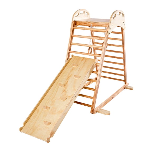 4 in 1 Wooden Indoor Playground Jungle Gym Climber Playset with Rock Wall Slide Ladder and Gym Rings for Kids Toddlers 220LBS Capacity