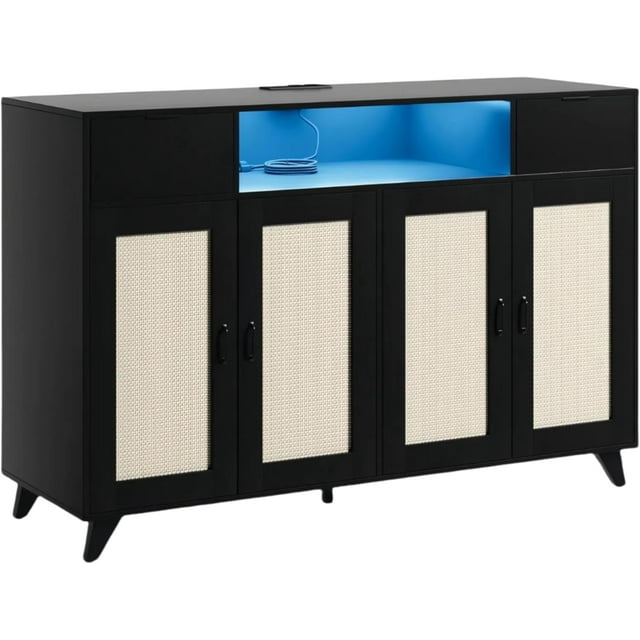 Rattan Sideboard Buffet Cabinet With LED Lights, 2 Drawers 2 Doors Storage Cabinet, Modern Console Table With Power Outlet & Adjustable Shelves, for Dining Room, Kitchen, Living Room