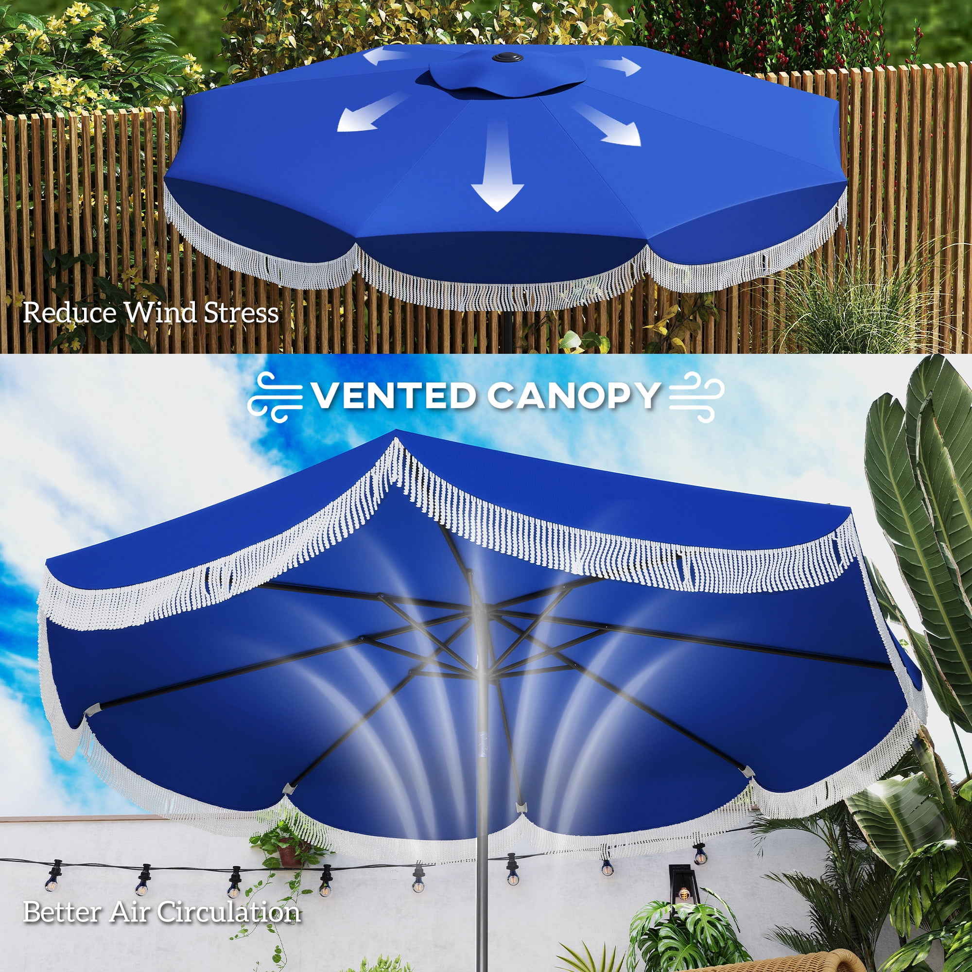 Outsunny 9FT Patio Umbrella, UPF 30+ Outdoor Market Umbrella, Vented Patio Table Umbrella with Crank, 8 Ribs, Push Button Tilt, Navy Blue