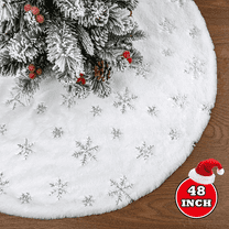 Richgv 48 Inches Christmas Tree Skirt, White Christmas Tree Mat with Silver Snowflakes, Faux Fur Tree Skirt for Xmas Holiday Home Party Decorations Ornaments