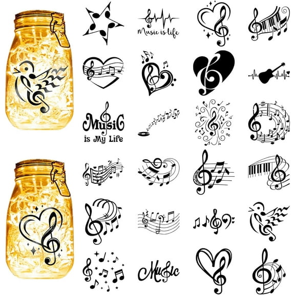 24Pcs Music Note Mason Jar Decor Lantern Laser Cutouts Decorations Plastic Scrapbook Decorations for Jars Wall Windows Glass Car Home Office Decor DIY Craft Gifts Black 3.9x3.5Inch