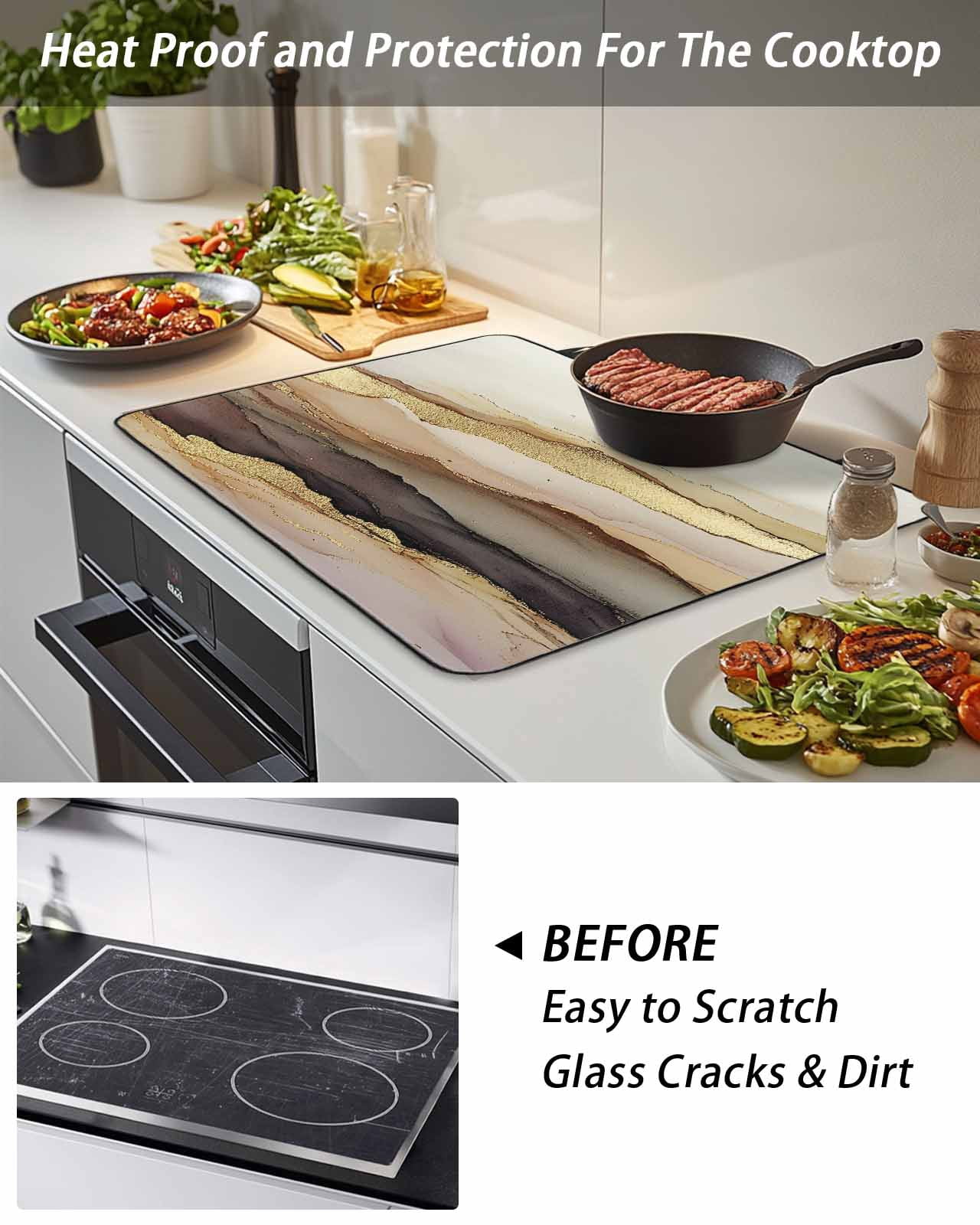 Stove Top Covers for Electric Stove, Marble Brown Gold Glass Stovetop Cover Protector, Abstract Watercolor Geometric Rock Induction Cooktop Protector Oven Mat for Kitchen Countertop 24"x21"