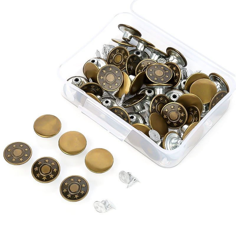 Jackets Hats Shorts 50 Sets Jeans Buttons Metal Button Snap Buttons Replacement Kit with Rivets and Plastic Storage Box for Jeans Suits Backpacks