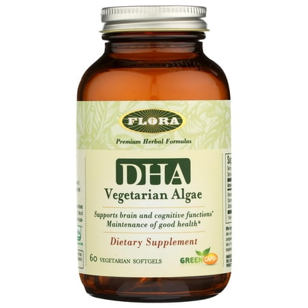 Flora - Premium DHA Vegetarian Algae GreenCaps, Supports Brain and Cognitive Function, Gluten Free, Unrefined Medium-Chain Triglycerides No GMOs, 60 Vegetarian Softgels