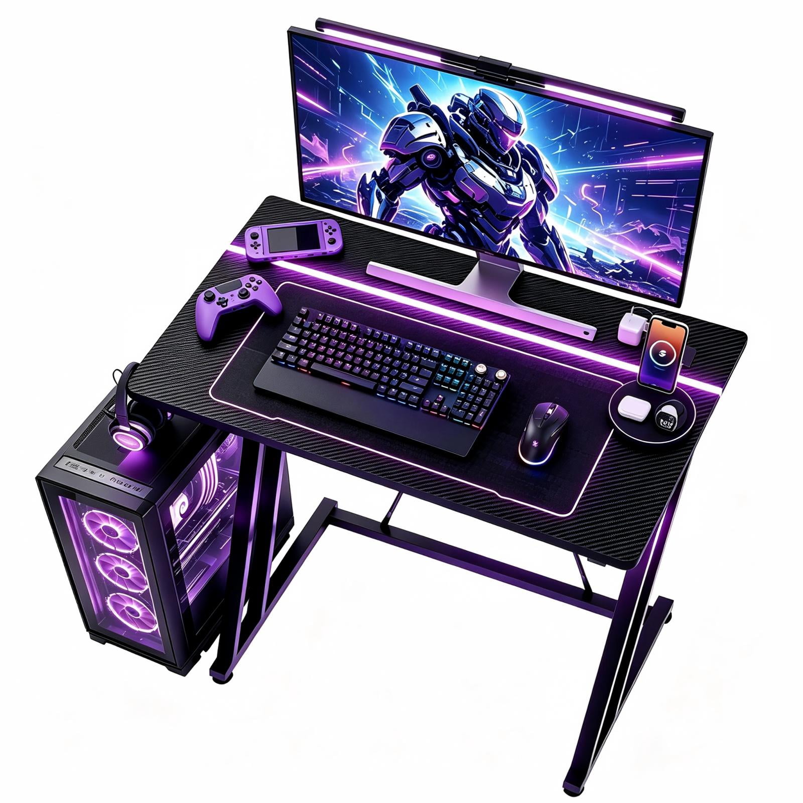 Astoutdoor Z-Shaped Gaming Desk, 31.5 in Computer Desk with Recessed Desktop Light, Black