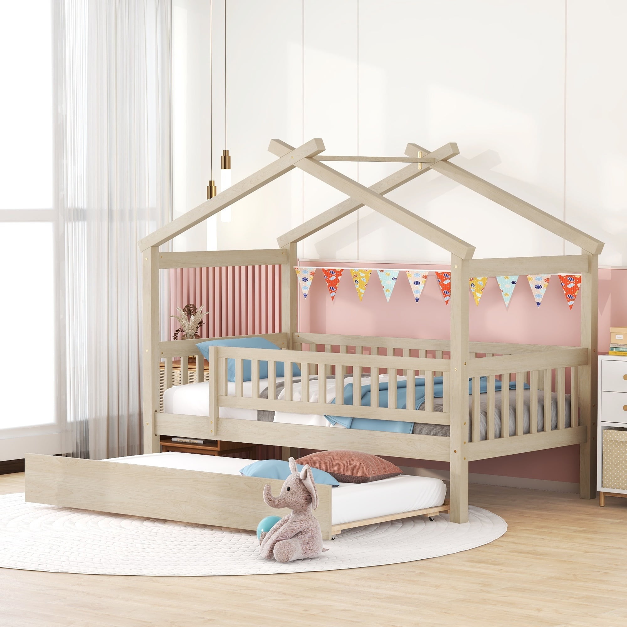 Holaki Twin Size Wood House Bed with Trundle and Guardrails for Kids, Natural