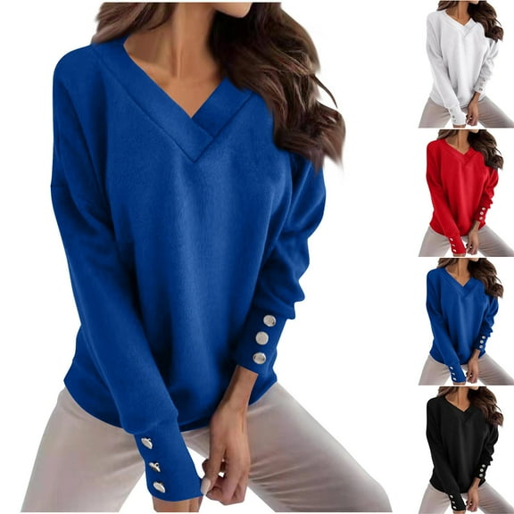 Ashirexll Pullover Sweaters for Women, Winter Sweaters for Women, Womens Casual Solid Color Pullover Long Sleeve V-Neck Sweater