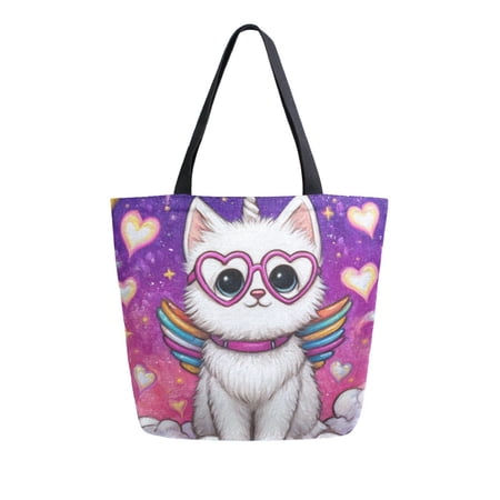Large Opening Canvas Tote Bag Thickened Durable Shopping Bag Casual Commuter Handbag Lightweight Reusable Daily Bag Rainbow Wing Caticorn Print