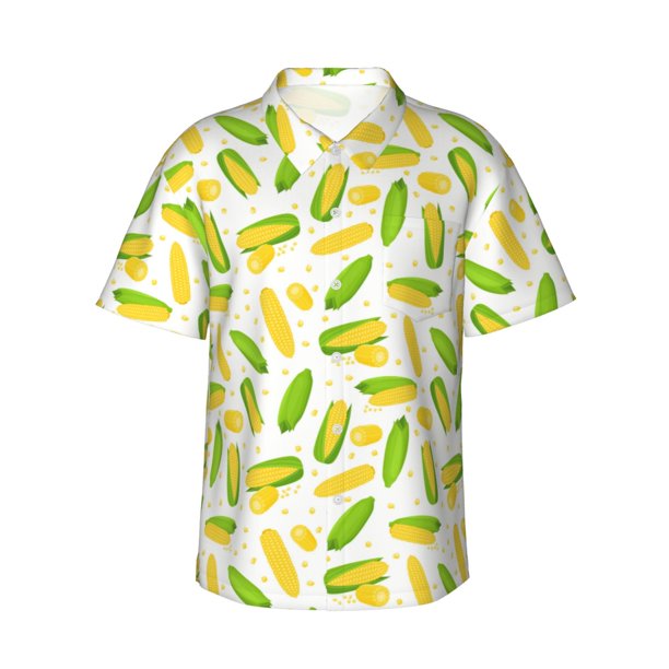 Balery Cartoon Corn Camisas hawaianas de manga corta para hombre, camisas playeras de corte holgado, camisas de vacaciones con botones,Medium