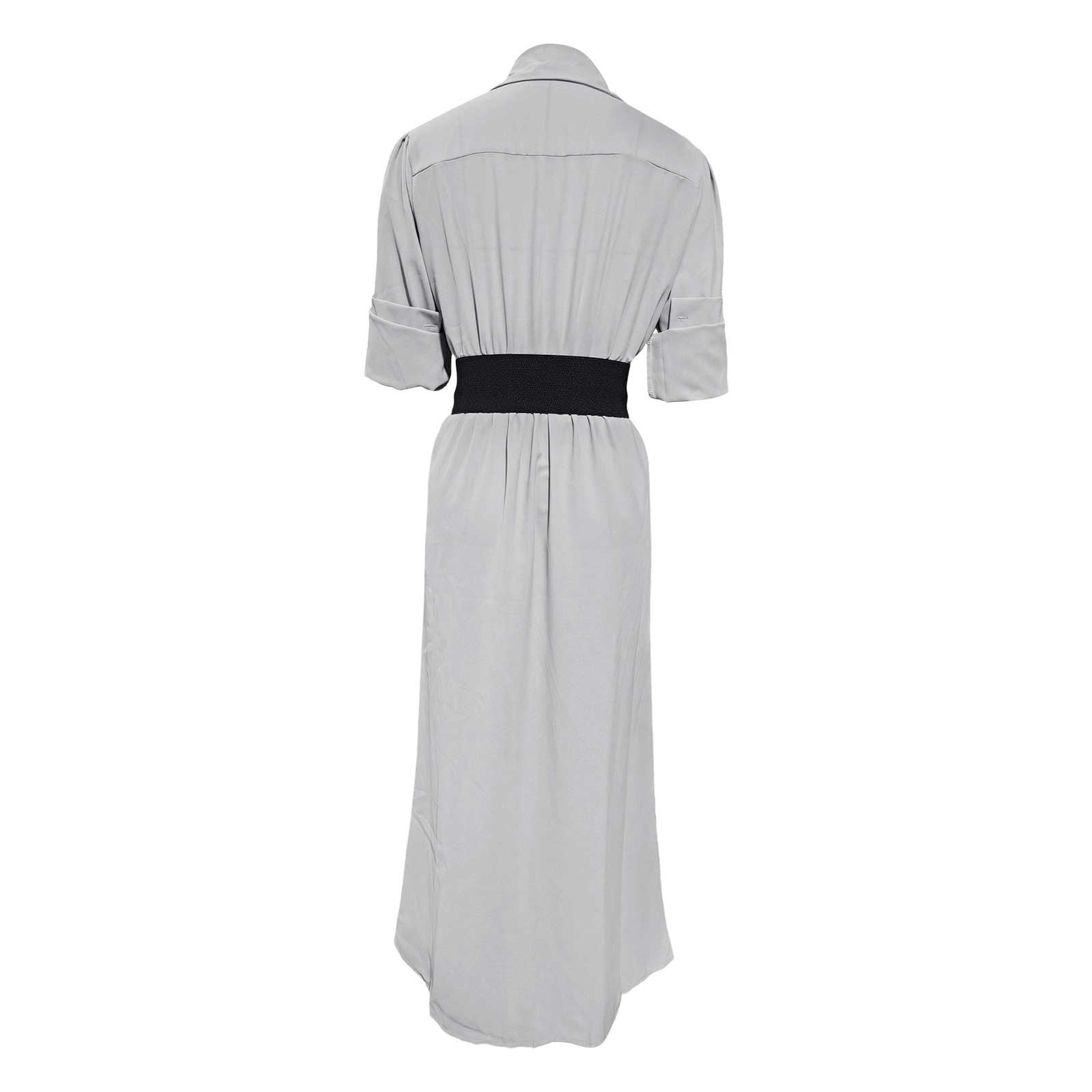 YueHuiYing Women's Single Breasted Shirt Lapel Elegant Belt Slim Fit Pleated Long Sleeves Solid Color Slit Party Dress