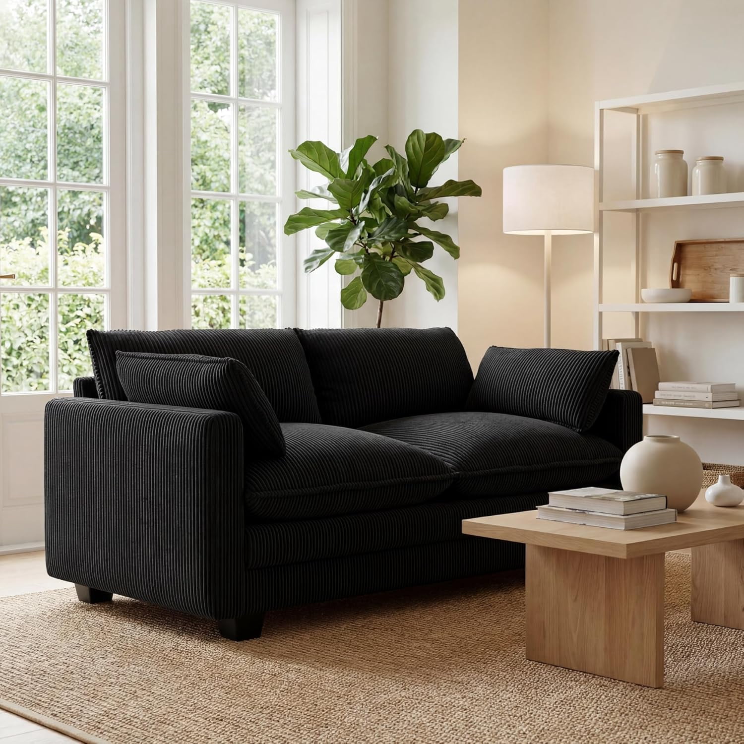 Noelse 75” Cloud Loveseat with Comfy Double Layer Upholstered Cushion, 2 Seater Modern Overstuffed Love seat Couch with Removable and Washable Corduroy Fabric for Living Room or Small Places, Black