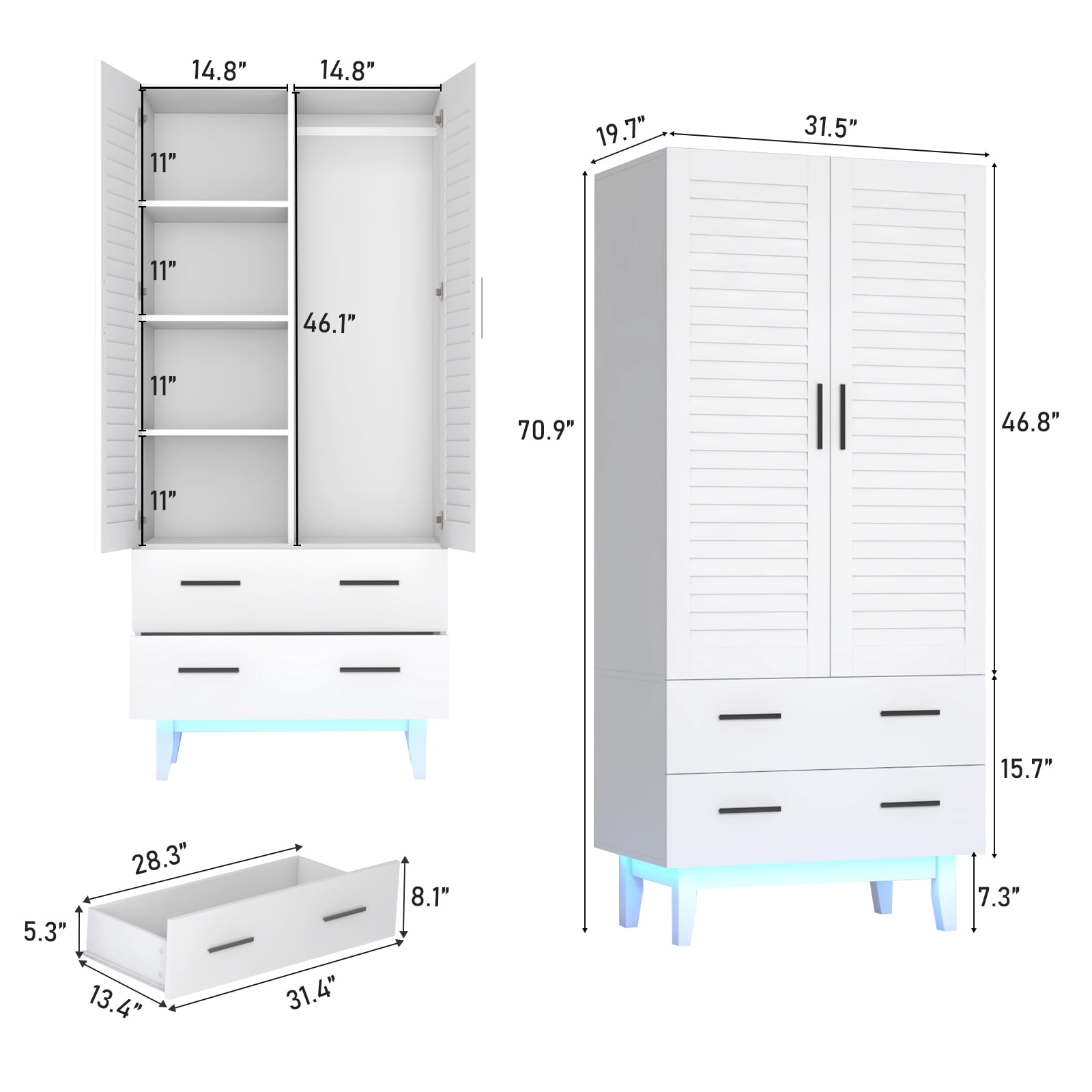 Blotout 70” Tall LED Armoire Wardrobe with Mirror & 2 Drawers, 2 Door LED Wood Wardrobe Armoire with Multi-Layer Shelves & Hanging Rod, Large Capacity Storage Cabinet w/Louver Doors, White