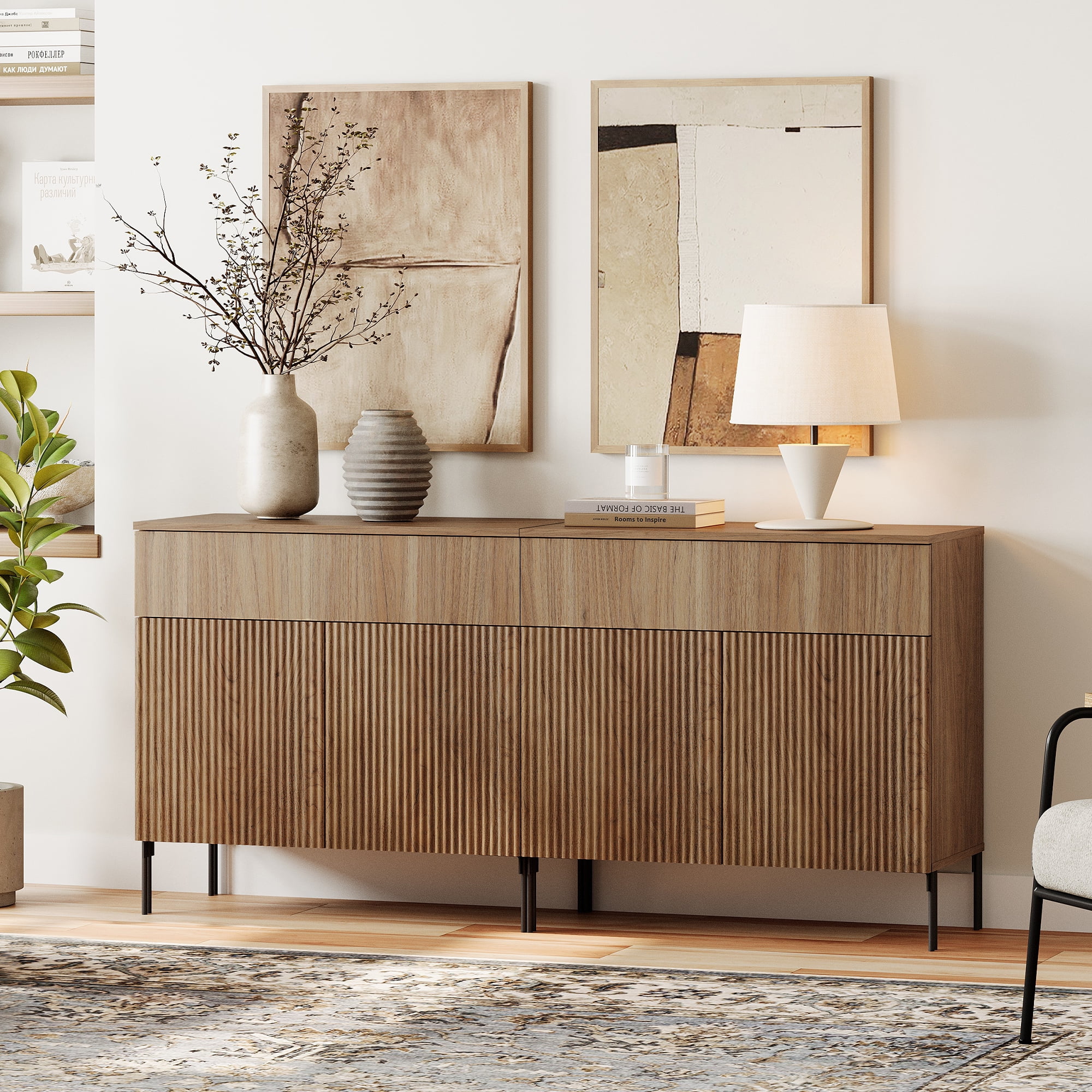 63" Reeded Accent Cabinet Set with 4 Doors and Drawers, Modern Credenza Storage Cabinet with Metal Legs for Living Room, Kitchen, Dining Room, Hallway