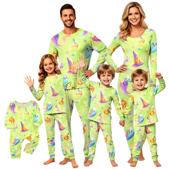 Halloween Family Pajamas Set Long Sleeve Crew Neck, Soft Matching Halloween Pajamas with Ghost Skull Print, Cool Family Halloween Pajama Set Sleepwear