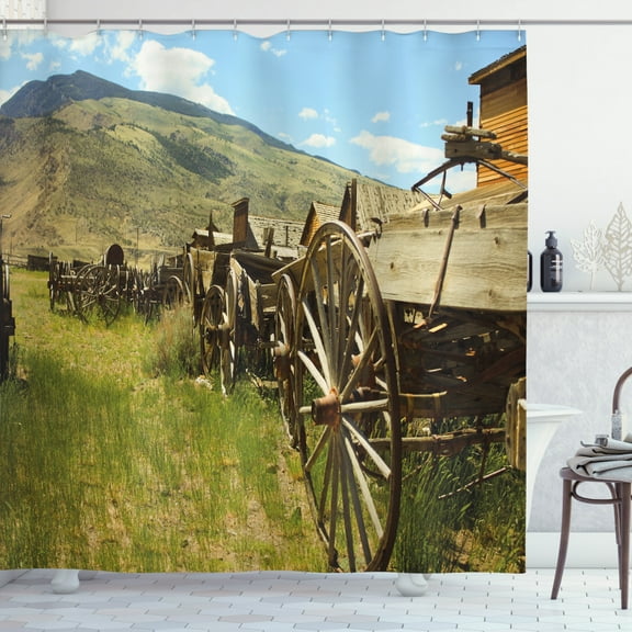 Ambesonne Wagon Wheel Shower Curtain, Old Carriages, 69"Wx75"L, Green Brown Pale Blue