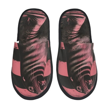 Balery Graphic Seal On Stripes Slient Indoor Furry Fleece Comfort House Shoes Soft Non-Slip Home Shoes Cotton slippers House Slippers-- Medium